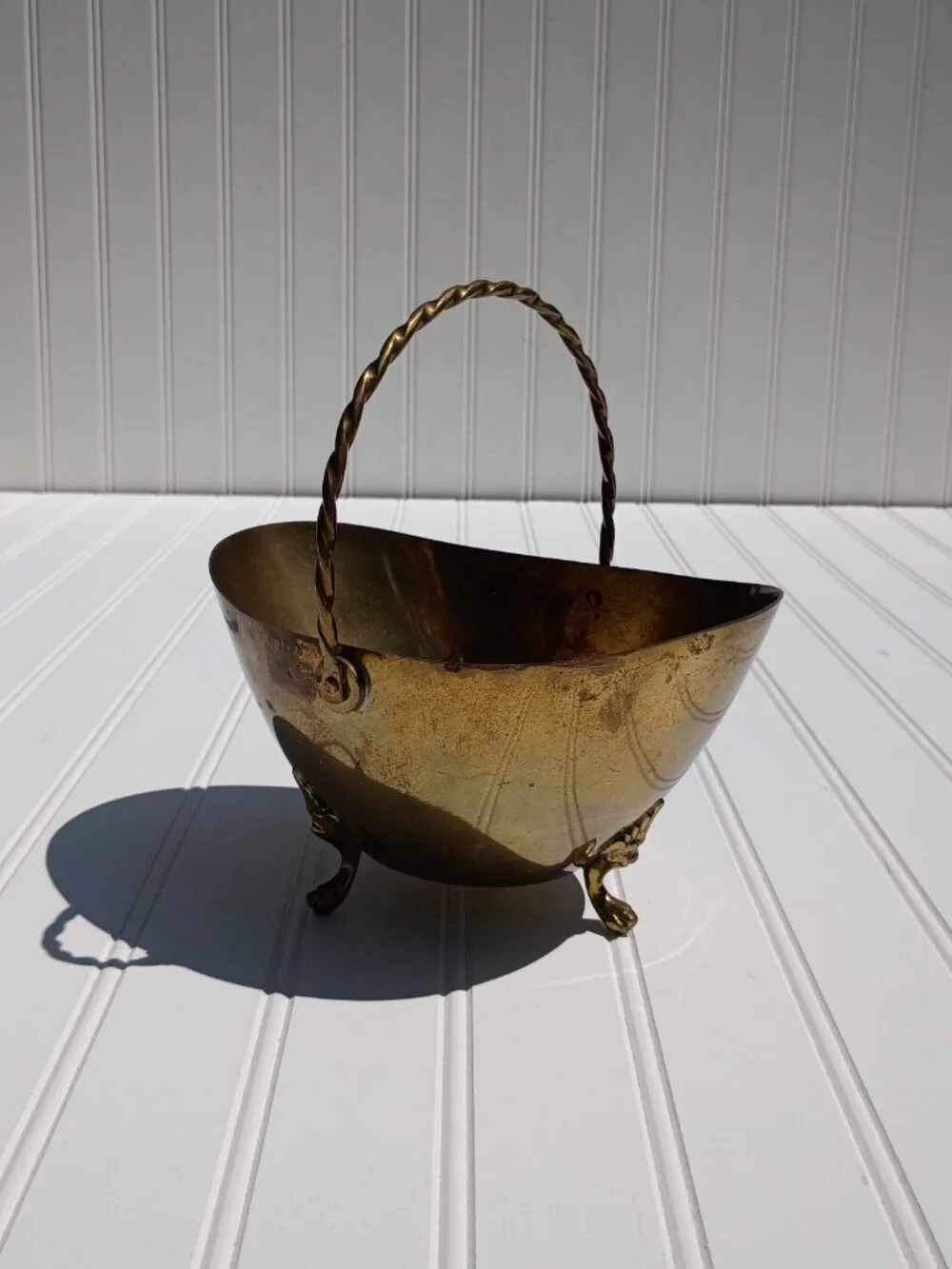 Vintage Brass Footed Basket Bowl Twisted Handle Decorative MCM 8-inch Planter